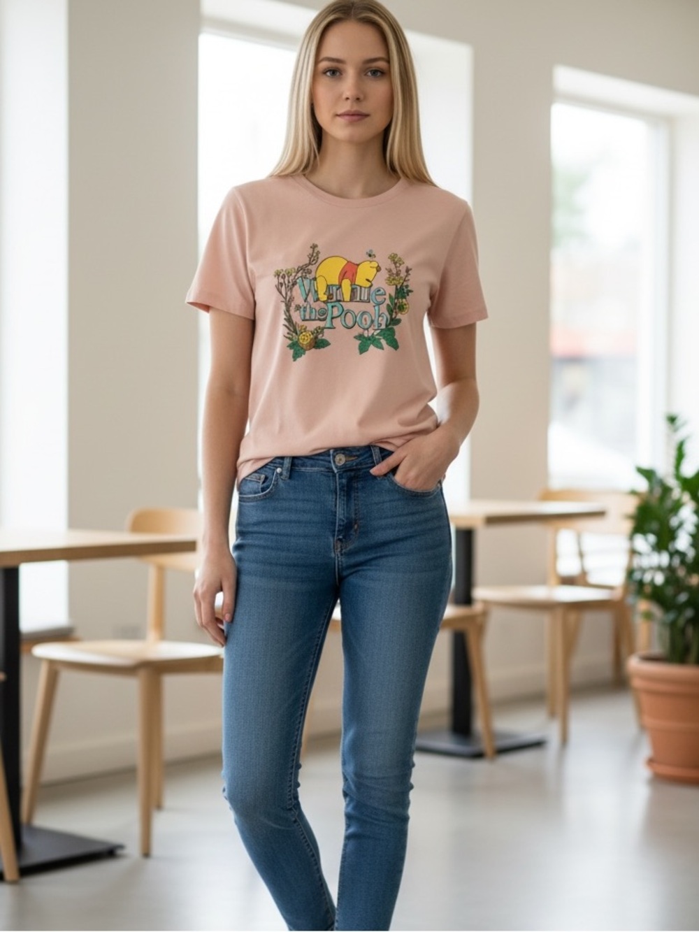 NWT. Disney Ladies Peach Medium Winnie The Pooh Graphic Design Tshirt